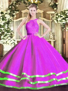 Low Price Fuchsia Sleeveless Lace Floor Length Sweet 16 Dress