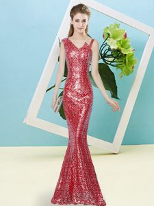Modest Red Mermaid Sequins Dress for Prom Zipper Sequined Sleeveless Floor Length