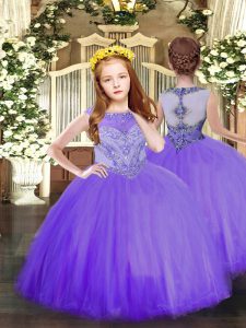  Lavender Sleeveless Tulle Zipper Little Girls Pageant Dress Wholesale for Party and Quinceanera