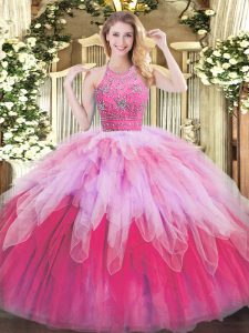 Tulle Halter Top Sleeveless Zipper Beading and Ruffles Ball Gown Prom Dress in Multi-color