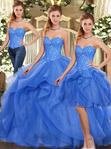 Latest Blue Sleeveless Ruffles Floor Length Sweet 16 Dresses