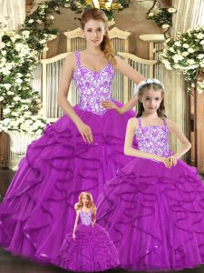  Fuchsia Lace Up 15th Birthday Dress Beading and Ruffles Sleeveless Floor Length