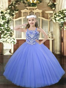 Exquisite Floor Length Lace Up Child Pageant Dress Blue for Party and Quinceanera with Beading