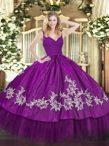  Sleeveless Floor Length Beading and Appliques Zipper Quinceanera Gowns with Fuchsia