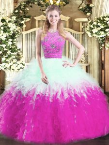  Multi-color Tulle Zipper Halter Top Sleeveless Floor Length Quince Ball Gowns Beading and Ruffles