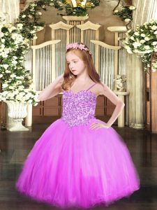 Amazing Ball Gowns Pageant Gowns For Girls Lilac Spaghetti Straps Tulle Sleeveless Floor Length Lace Up