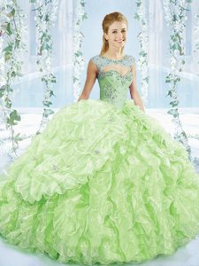  Brush Train Ball Gowns 15 Quinceanera Dress Yellow Green Sweetheart Organza Sleeveless Lace Up