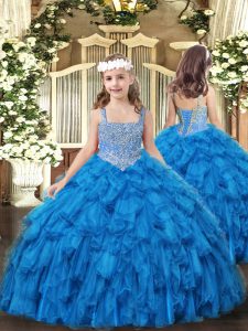  Baby Blue Ball Gowns Beading and Ruffles Pageant Gowns For Girls Lace Up Tulle Sleeveless Floor Length
