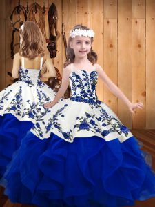  Royal Blue Ball Gowns Straps Sleeveless Organza Floor Length Lace Up Embroidery and Ruffles Kids Pageant Dress