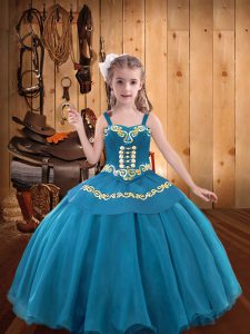  Ball Gowns Kids Pageant Dress Teal Straps Organza Sleeveless Floor Length Lace Up