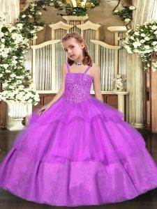 Fashionable Lilac Organza Lace Up Straps Sleeveless Floor Length Little Girls Pageant Dress Beading and Ruffled Layers