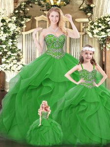 Green Organza Lace Up Quinceanera Dress Sleeveless Floor Length Beading and Ruffles