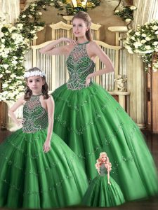 Customized Dark Green Halter Top Neckline Beading Quinceanera Gowns Sleeveless Lace Up