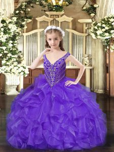 Excellent Lavender Sleeveless Beading and Ruffles Floor Length Little Girls Pageant Dress Wholesale