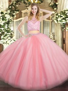  Baby Pink Sleeveless Tulle Zipper Quinceanera Gown for Military Ball and Sweet 16 and Quinceanera
