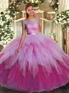 Discount Sleeveless Floor Length Beading and Ruffles Backless Quinceanera Gowns with Multi-color