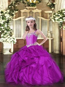 Custom Made Fuchsia Ball Gowns Beading and Ruffles Kids Formal Wear Lace Up Organza Sleeveless Floor Length