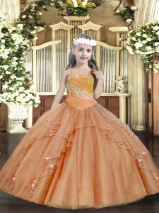 Elegant Rust Red Sleeveless Beading and Ruffles and Sequins Floor Length Little Girls Pageant Dress