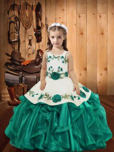 On Sale Straps Sleeveless Little Girls Pageant Dress Wholesale Floor Length Embroidery and Ruffles Teal Organza