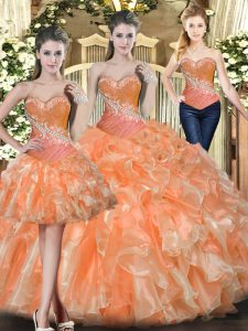 Adorable Orange Red Lace Up Vestidos de Quinceanera Beading and Ruffles Sleeveless Floor Length