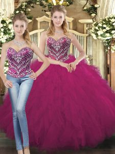 Fine Fuchsia Sleeveless Floor Length Beading and Ruffles Lace Up Quinceanera Dresses