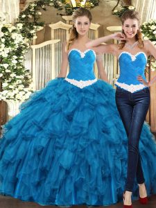 Artistic Teal Ball Gowns Ruffles Quinceanera Gown Lace Up Tulle Sleeveless Floor Length