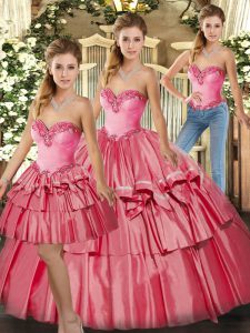 On Sale Floor Length Three Pieces Sleeveless Watermelon Red 15th Birthday Dress Lace Up