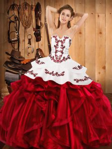 Custom Made Wine Red Sleeveless Satin and Organza Lace Up Quinceanera Dress for Military Ball and Sweet 16 and Quinceanera
