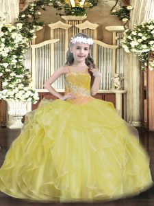 Simple Floor Length Ball Gowns Sleeveless Gold Child Pageant Dress Lace Up