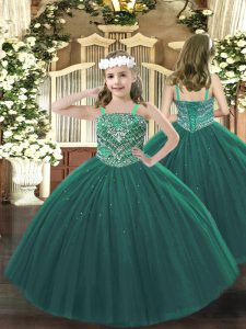 New Arrival Dark Green Tulle Lace Up Straps Sleeveless Floor Length Party Dress for Girls Beading