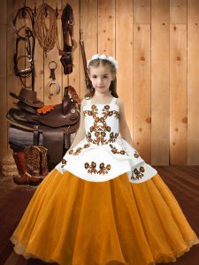 Luxurious Orange Lace Up Straps Embroidery Little Girl Pageant Gowns Organza Sleeveless