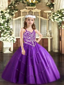  Floor Length Purple Child Pageant Dress Tulle Sleeveless Beading and Appliques