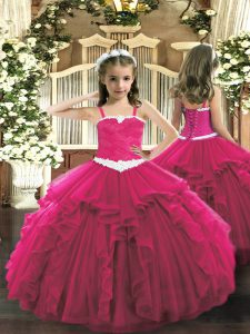 Popular Hot Pink Little Girl Pageant Dress Party and Quinceanera with Appliques and Ruffles Straps Sleeveless Lace Up