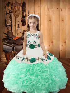 Latest Ball Gowns Kids Pageant Dress Apple Green Straps Fabric With Rolling Flowers Sleeveless Floor Length Lace Up