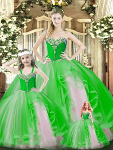 Custom Designed Organza Sweetheart Sleeveless Lace Up Beading and Ruffles Quinceanera Dress in Green