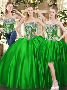  Sweetheart Sleeveless Quince Ball Gowns Floor Length Beading Green Tulle
