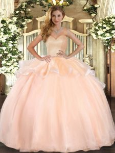 New Arrival Peach Lace Up Sweetheart Beading and Ruffles Quinceanera Gowns Organza Sleeveless