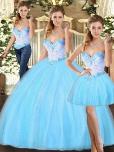  Beading Quinceanera Dress Baby Blue Lace Up Sleeveless Floor Length