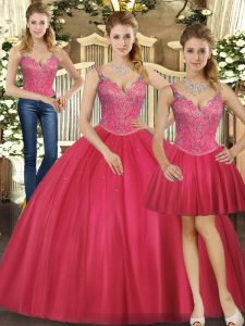 Luxury Floor Length Hot Pink Sweet 16 Quinceanera Dress Tulle Sleeveless Beading