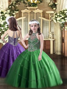 Trendy Halter Top Sleeveless Tulle Girls Pageant Dresses Beading Lace Up