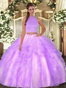  Lavender Quinceanera Gowns Military Ball and Sweet 16 and Quinceanera with Beading and Ruffles Halter Top Sleeveless Backless