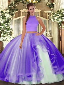  Lavender Tulle Backless Halter Top Sleeveless Floor Length Sweet 16 Dresses Beading and Ruffles