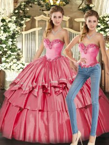  Two Pieces Quince Ball Gowns Watermelon Red Sweetheart Organza Sleeveless Floor Length Lace Up
