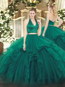  Dark Green Two Pieces Halter Top Sleeveless Organza Floor Length Zipper Ruffles Sweet 16 Dress
