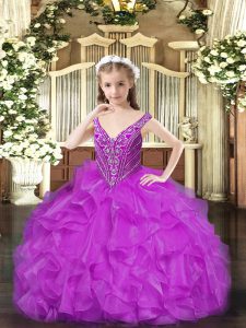  Purple Sleeveless Organza Lace Up Little Girls Pageant Dress Wholesale for Party and Quinceanera