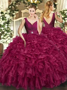  Burgundy Ball Gowns Organza V-neck Sleeveless Beading and Ruffles Floor Length Backless Ball Gown Prom Dress