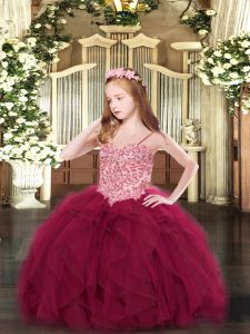  Wine Red Spaghetti Straps Lace Up Appliques and Ruffles Little Girl Pageant Gowns Sleeveless