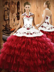 Colorful Floor Length Lace Up Quinceanera Dress Wine Red for Military Ball and Sweet 16 and Quinceanera with Embroidery and Ruffled Layers