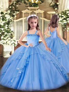  Appliques and Ruffles Kids Formal Wear Baby Blue Lace Up Sleeveless Floor Length