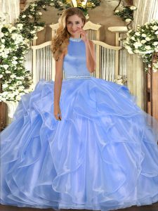  Floor Length Blue Sweet 16 Quinceanera Dress Organza Sleeveless Beading and Ruffles